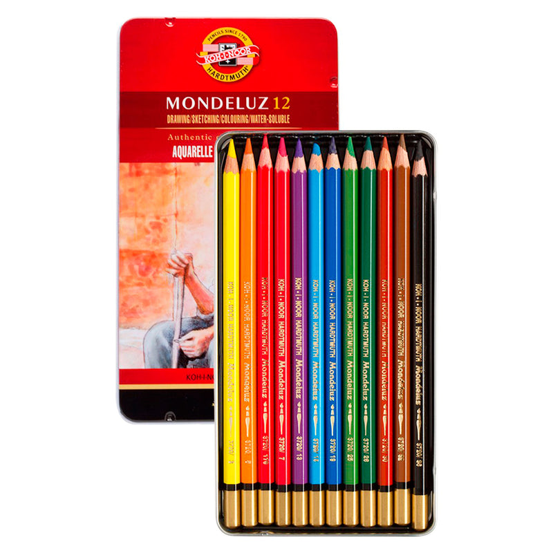 Koh-i-Noor Mondeluz krāsaino akvareļzīmuļu komplekts metāla kastē, 12